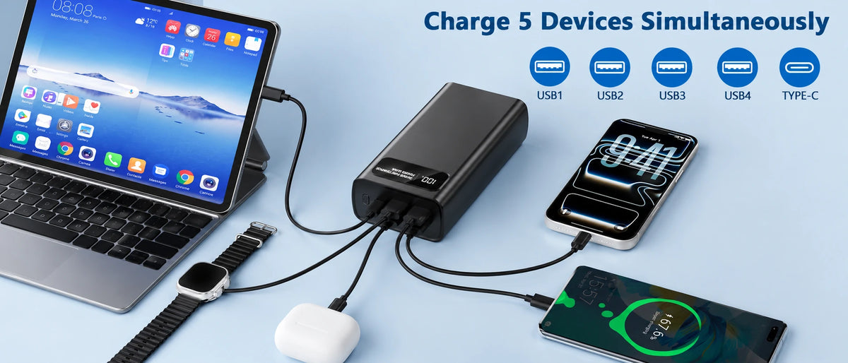 fast charging power bank for smartphone tablet and earbuds