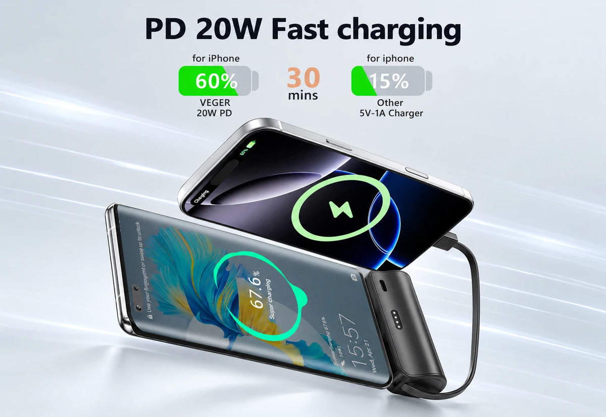 avepower k188 mini power bank with built-in usb-c plug and 8-pin cable